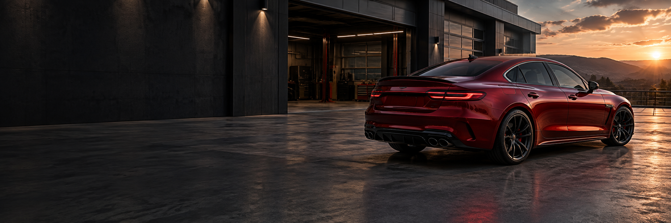 Red performance sedan outside a workshop